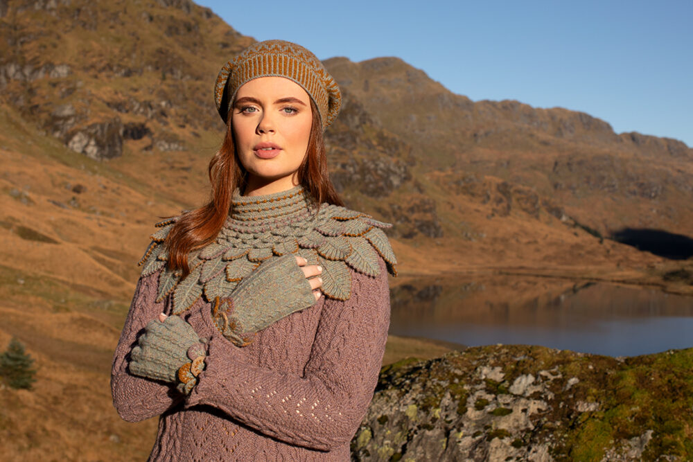 Eagle Collar, Ruabhal Gloves, Maidenhaire pullover and Hirta Hat Set patterncard kits by Alice Starmore in Hebridean 2 Ply