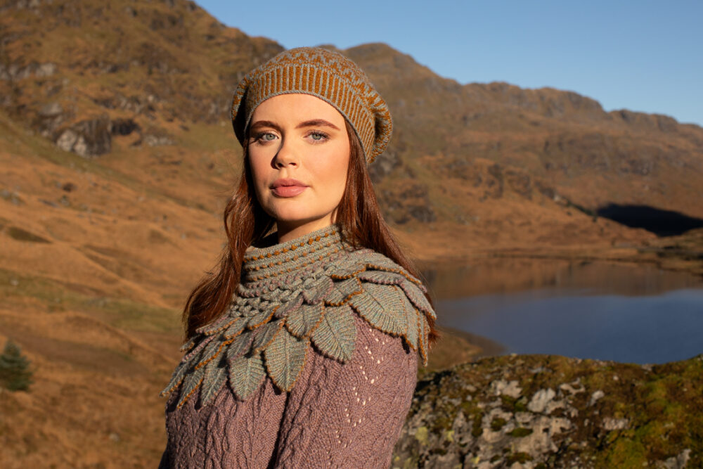 Eagle Collar, Ruabhal Gloves, Maidenhaire pullover and Hirta Hat Set patterncard kits by Alice Starmore in Hebridean 2 Ply