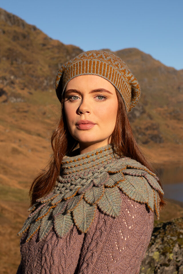 Eagle Collar, Ruabhal Gloves, Maidenhaire pullover and Hirta Hat Set patterncard kits by Alice Starmore in Hebridean 2 Ply