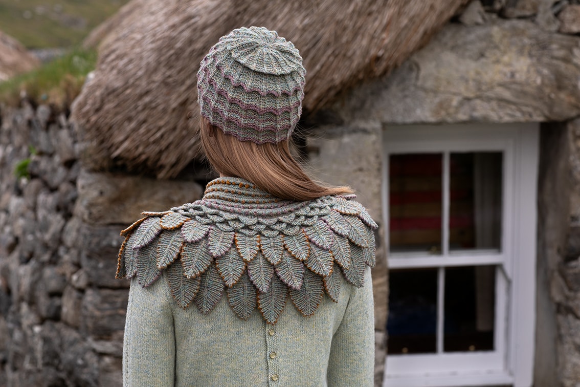 Eagle Collar, Levenish Hat and Sulaire Spencer patterncard kits and Dun Cuffs from Creative Course 2 by Alice Starmore in Hebridean 2 Ply