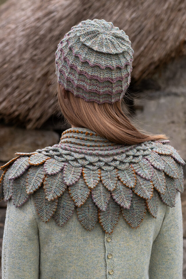 Eagle Collar, Levenish Hat and Sulaire Spencer patterncard kits and Dun Cuffs from Creative Course 2 by Alice Starmore in Hebridean 2 Ply