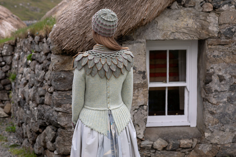 Eagle Collar, Levenish Hat and Sulaire Spencer patterncard kits and Dun Cuffs from Creative Course 2 by Alice Starmore in Hebridean 2 Ply