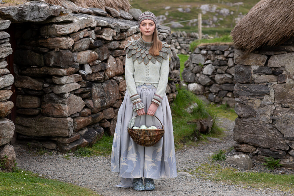 Eagle Collar, Levenish Hat and Sulaire Spencer patterncard kits and Dun Cuffs from Creative Course 2 by Alice Starmore in Hebridean 2 Ply