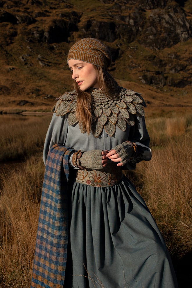 Eagle Collar, Ruabhal, Oiseabhal Wrap and Hirta patterncard kits, Linne Belt from Creative Course 3 by Alice Starmore in Hebridean 2 Ply