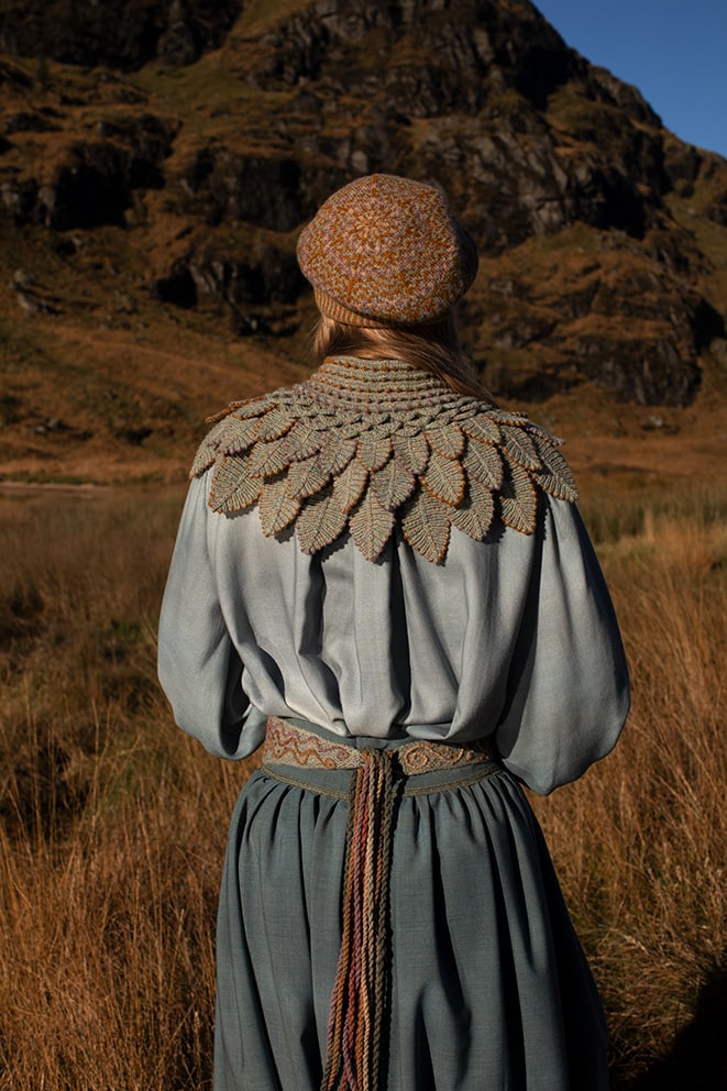 Eagle Collar, Ruabhal, Oiseabhal Wrap and Hirta patterncard kits, Linne Belt from Creative Course 3 by Alice Starmore in Hebridean 2 Ply