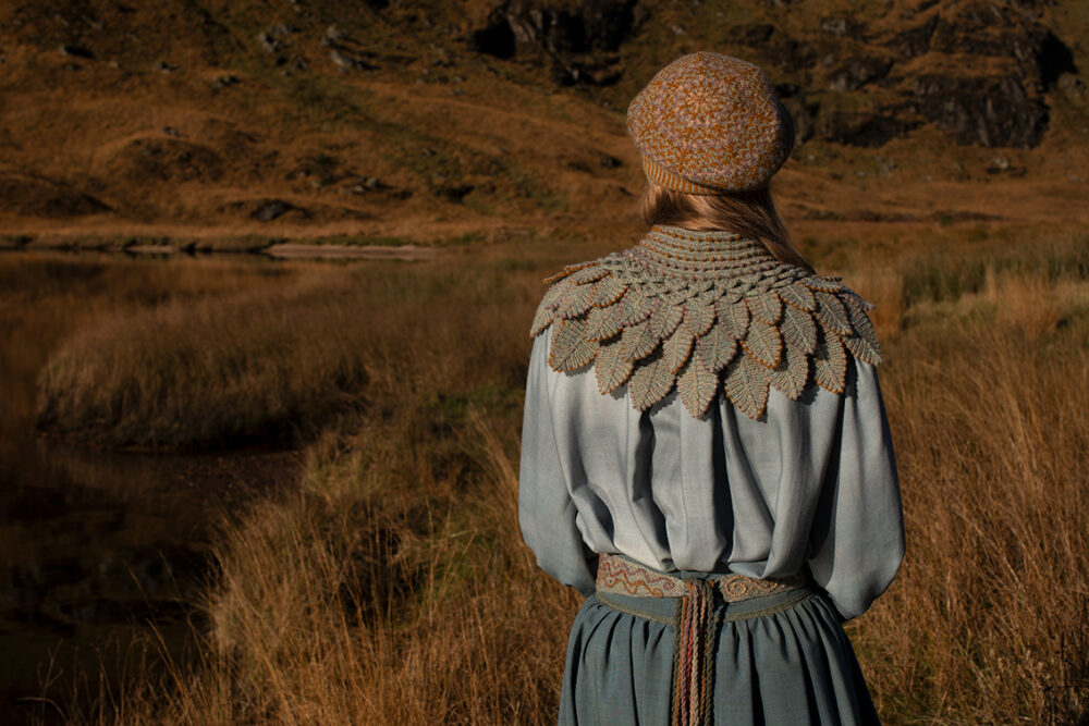 Eagle Collar, Ruabhal, Oiseabhal Wrap and Hirta patterncard kits, Linne Belt from Creative Course 3 by Alice Starmore in Hebridean 2 Ply