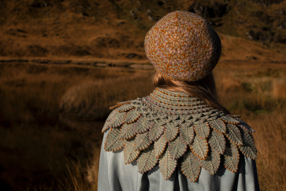 Eagle Collar, Ruabhal, Oiseabhal Wrap and Hirta patterncard kits, Linne Belt from Creative Course 3 by Alice Starmore in Hebridean 2 Ply