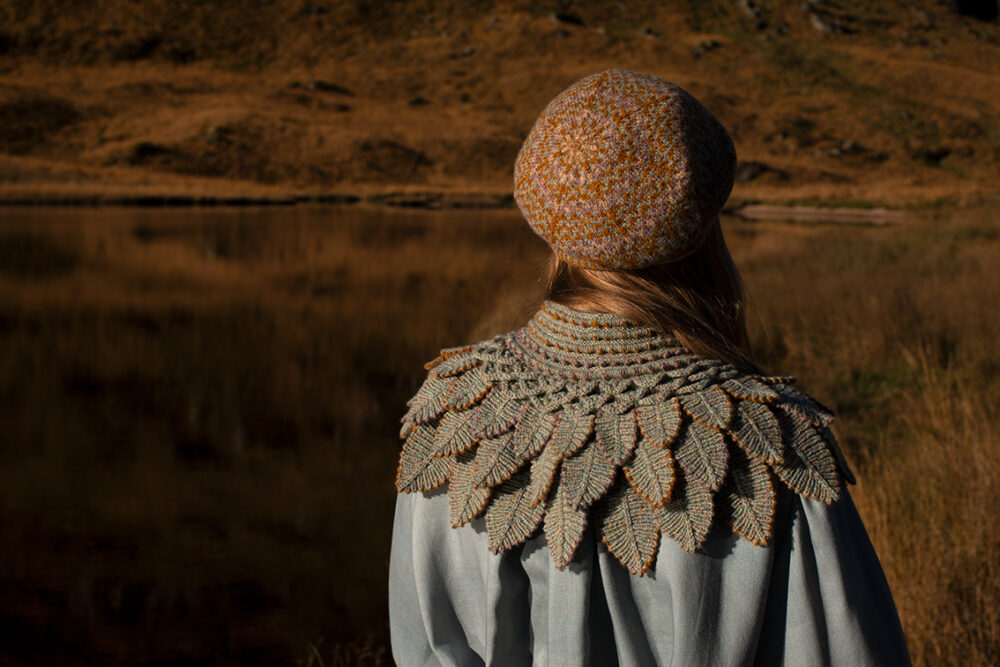 Eagle Collar, Ruabhal, Oiseabhal Wrap and Hirta patterncard kits, Linne Belt from Creative Course 3 by Alice Starmore in Hebridean 2 Ply