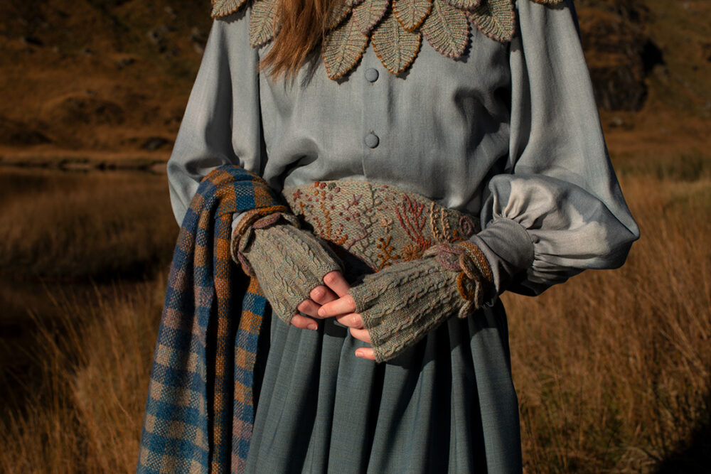 Eagle Collar, Ruabhal, Oiseabhal Wrap and Hirta patterncard kits, Linne Belt from Creative Course 3 by Alice Starmore in Hebridean 2 Ply