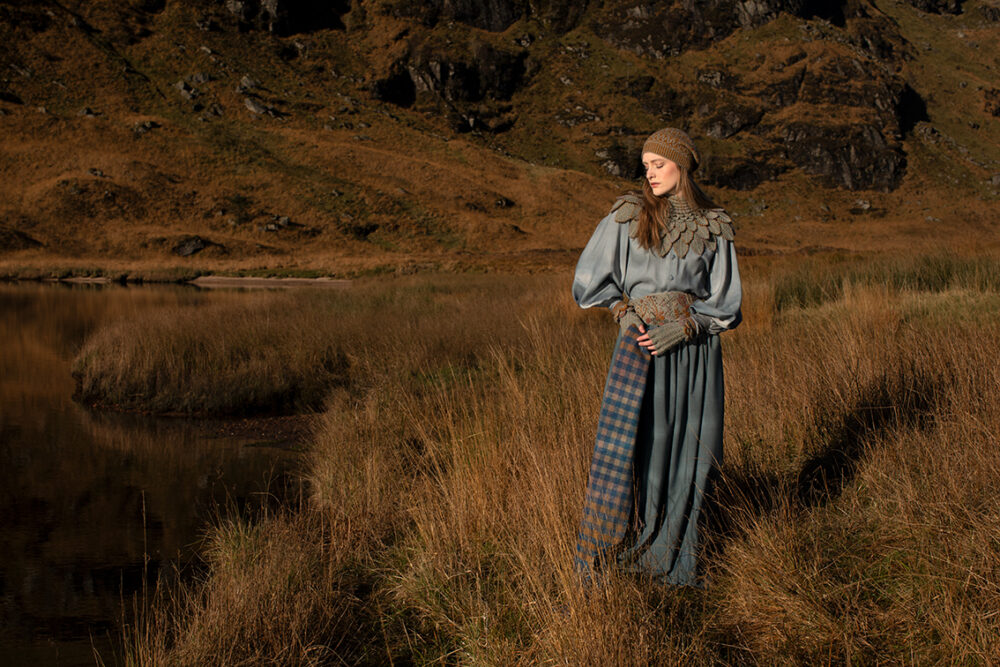 Eagle Collar, Ruabhal, Oiseabhal Wrap and Hirta patterncard kits, Linne Belt from Creative Course 3 by Alice Starmore in Hebridean 2 Ply