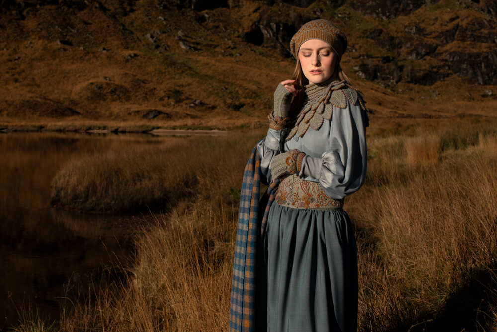 Eagle Collar, Ruabhal, Oiseabhal Wrap and Hirta patterncard kits, Linne Belt from Creative Course 3 by Alice Starmore in Hebridean 2 Ply