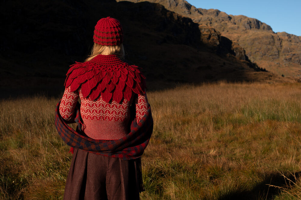Eagle Collar, Ruabhal, Boreray, Oiseabhal and Levenish patterncard kit designs by Alice Starmore in Hebridean 2 Ply