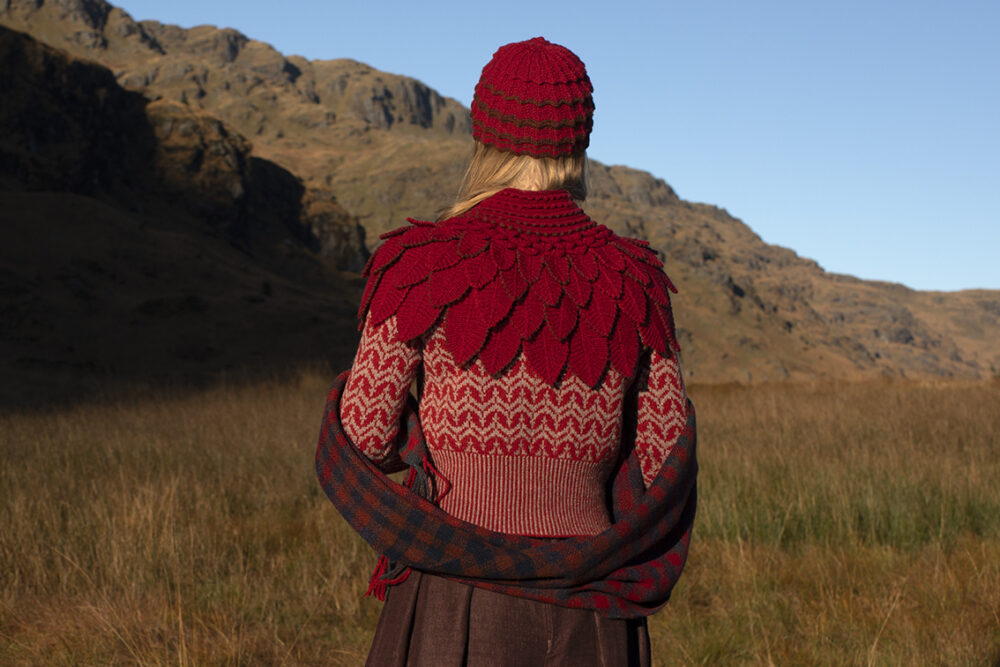 Eagle Collar, Ruabhal, Boreray, Oiseabhal and Levenish patterncard kit designs by Alice Starmore in Hebridean 2 Ply