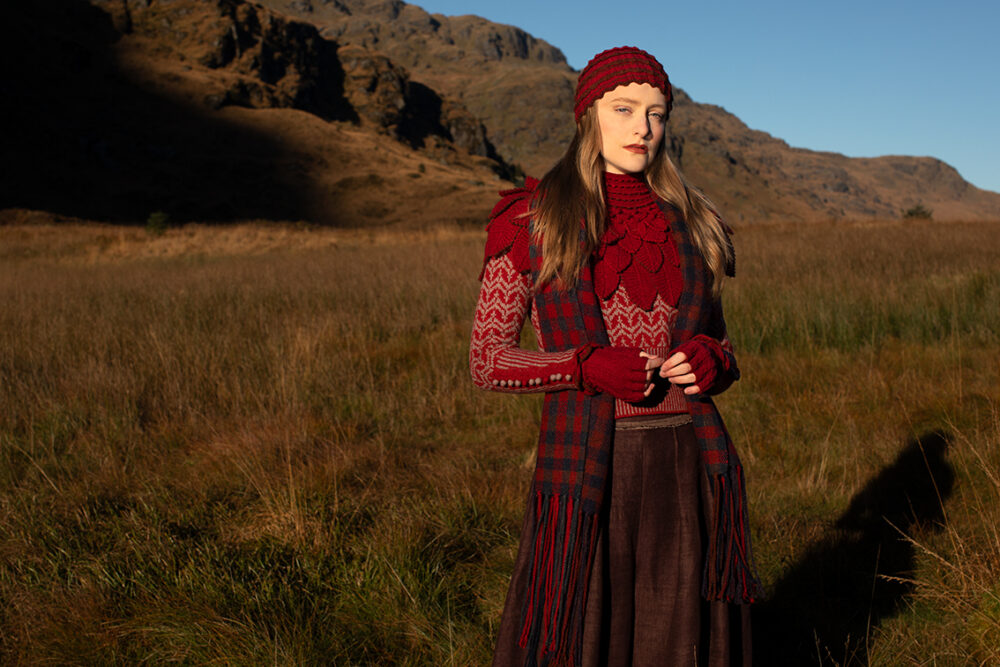 Eagle Collar, Ruabhal, Boreray, Oiseabhal and Levenish patterncard kit designs by Alice Starmore in Hebridean 2 Ply