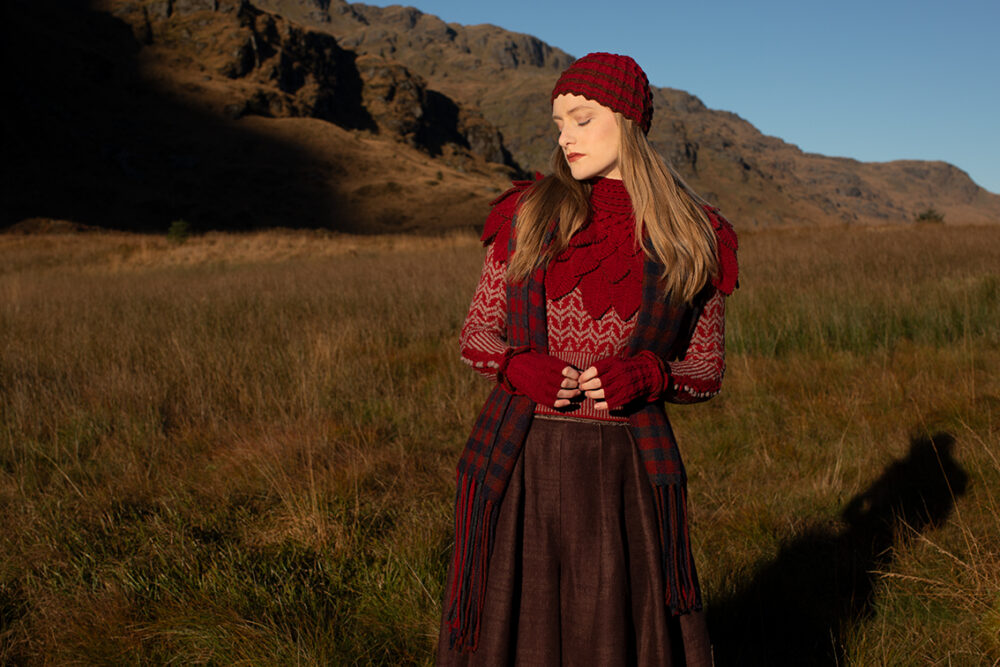 Eagle Collar, Ruabhal, Boreray, Oiseabhal and Levenish patterncard kit designs by Alice Starmore in Hebridean 2 Ply