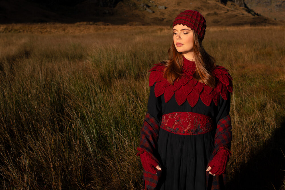 Eagle Collar, Ruabhal, Oiseabhal and Levenish patterncard kit designs and Linne Belt from Creative Course 3 by Alice Starmore in Hebridean 2 Ply