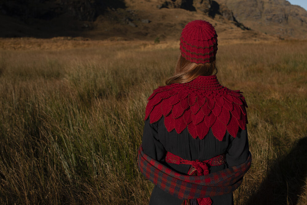 Eagle Collar, Ruabhal, Oiseabhal and Levenish patterncard kit designs and Linne Belt from Creative Course 3 by Alice Starmore in Hebridean 2 Ply