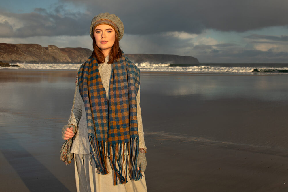 Ruabhal Hat Set and Oiseabhal Woven wrap patterncard kits by Alice Starmore in Hebridean 2 Ply