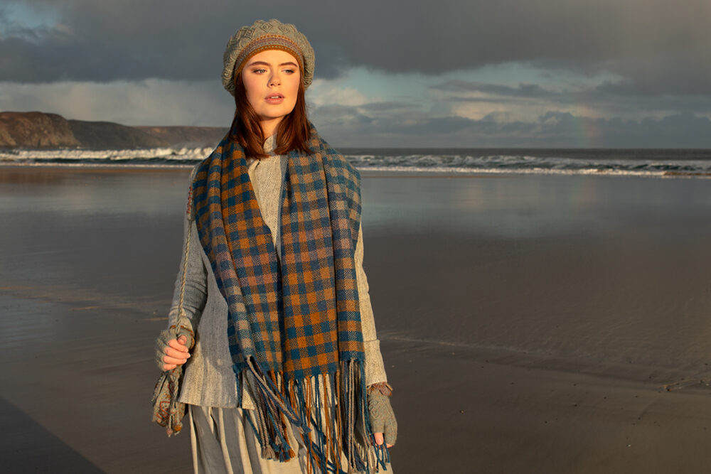 Ruabhal Hat Set and Oiseabhal Woven wrap patterncard kits by Alice Starmore in Hebridean 2 Ply