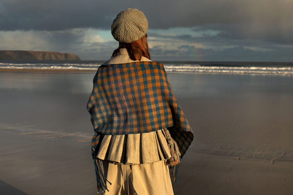 Ruabhal Hat Set and Oiseabhal Woven wrap patterncard kits by Alice Starmore in Hebridean 2 Ply