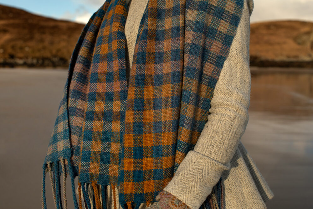 Ruabhal Hat Set and Oiseabhal Woven wrap patterncard kits by Alice Starmore in Hebridean 2 Ply