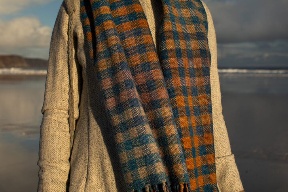 Ruabhal Hat Set and Oiseabhal Woven wrap patterncard kits by Alice Starmore in Hebridean 2 Ply