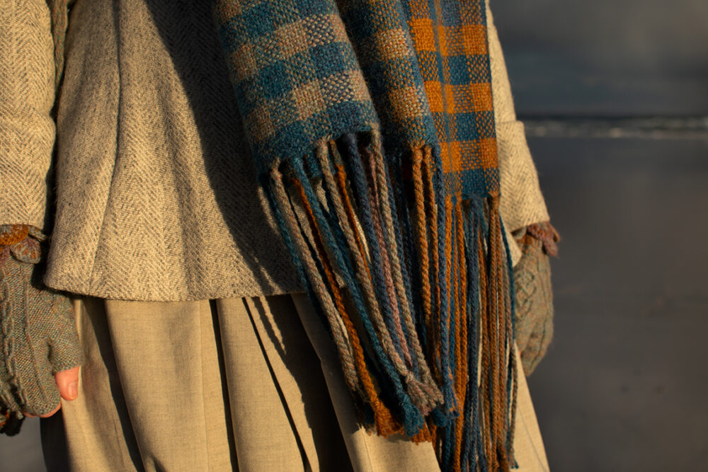 Ruabhal Hat Set and Oiseabhal Woven wrap patterncard kits by Alice Starmore in Hebridean 2 Ply
