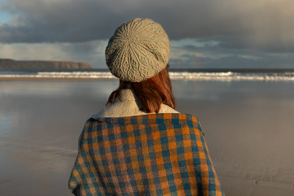 Ruabhal Hat Set and Oiseabhal Woven wrap patterncard kits by Alice Starmore in Hebridean 2 Ply
