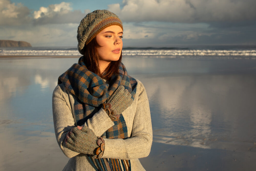 Ruabhal Hat Set and Oiseabhal Woven wrap patterncard kits by Alice Starmore in Hebridean 2 Ply