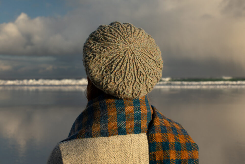 Ruabhal Hat Set and Oiseabhal Woven wrap patterncard kits by Alice Starmore in Hebridean 2 Ply