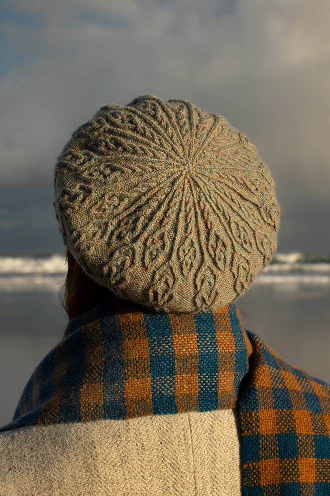 Ruabhal Hat Set and Oiseabhal Woven wrap patterncard kits by Alice Starmore in Hebridean 2 Ply