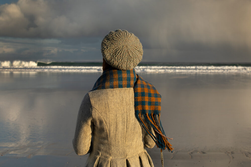 Ruabhal Hat Set and Oiseabhal Woven wrap patterncard kits by Alice Starmore in Hebridean 2 Ply