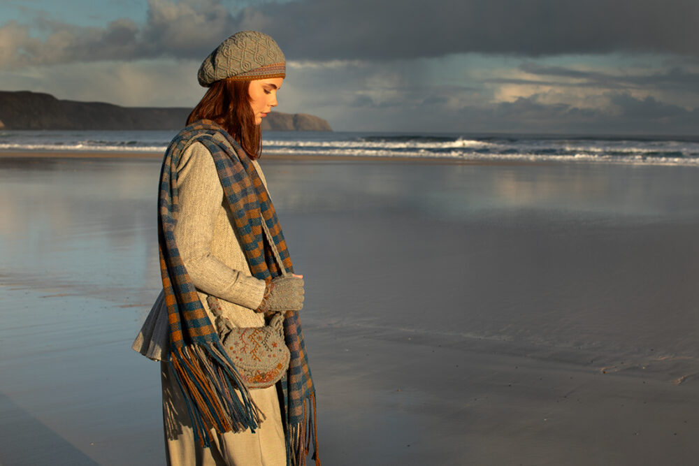 Ruabhal Hat Set and Oiseabhal Woven wrap patterncard kits by Alice Starmore in Hebridean 2 Ply