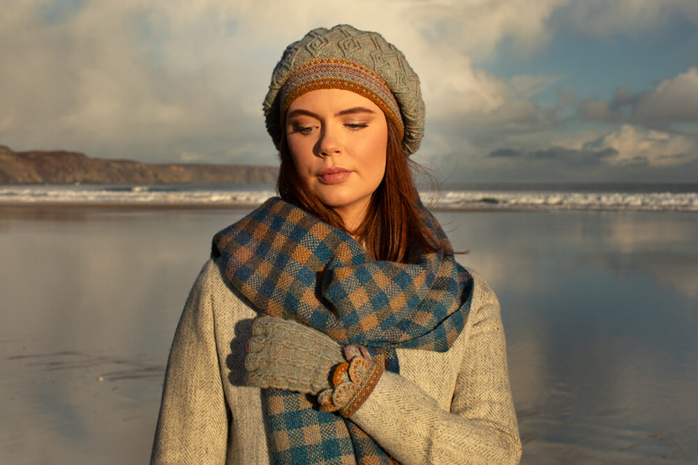 Ruabhal Hat Set and Oiseabhal Woven wrap patterncard kits by Alice Starmore in Hebridean 2 Ply