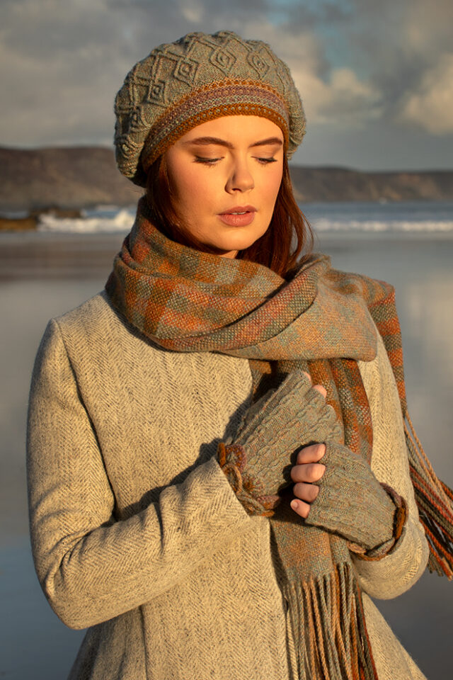 Ruabhal Hat Set and Oiseabhal Woven wrap patterncard kits by Alice Starmore in Hebridean 2 Ply