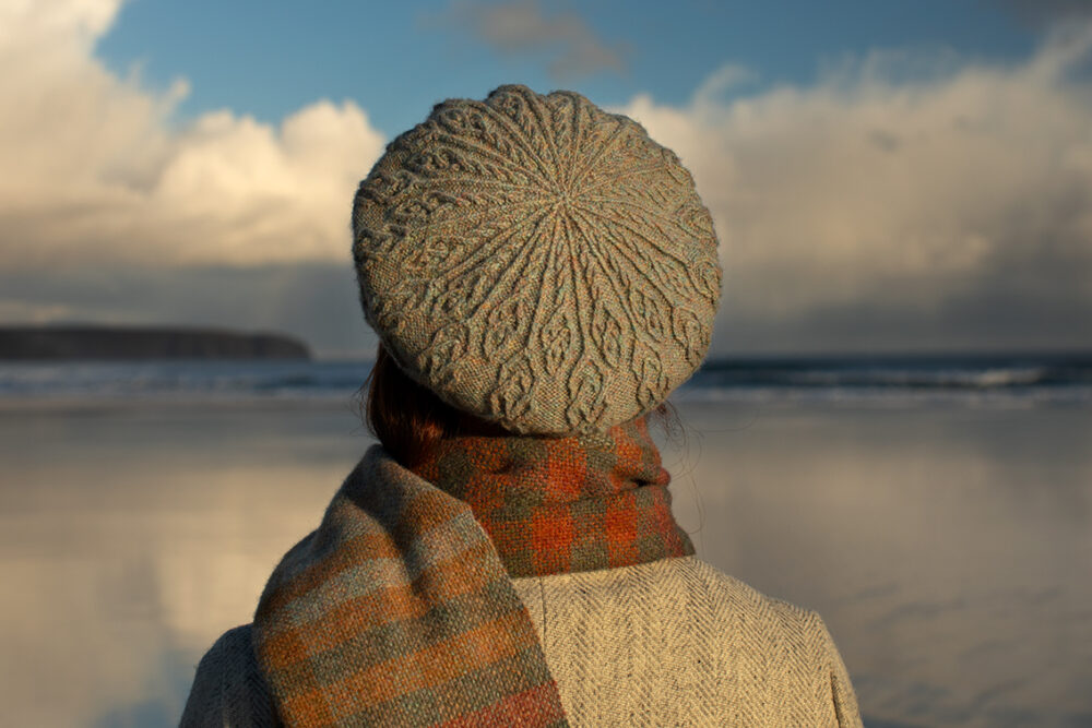 Ruabhal Hat Set and Oiseabhal Woven wrap patterncard kits by Alice Starmore in Hebridean 2 Ply