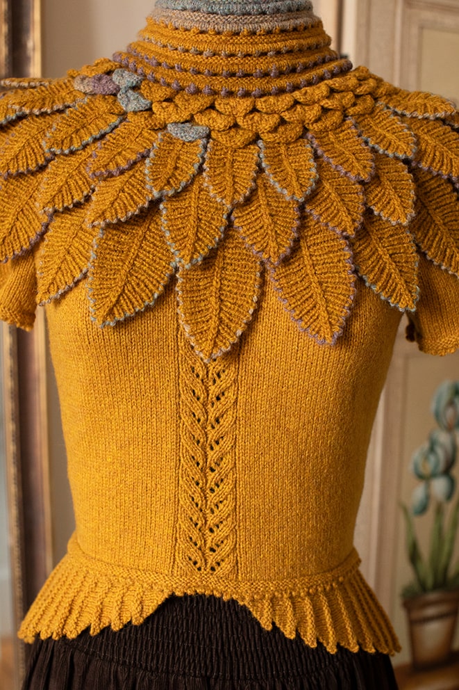 The Eagle Collar Patterncard Kit design by Alice Starmore for Virtual Yarns, shown in Whin Hebridean 2 Ply
