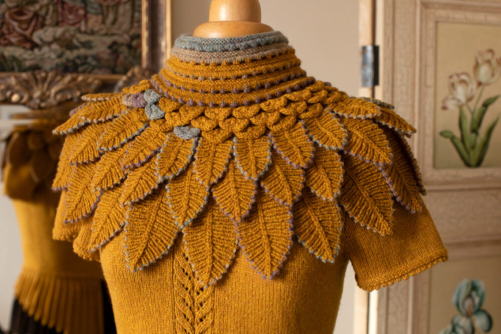 The Eagle Collar Patterncard Kit design by Alice Starmore for Virtual Yarns, shown in Whin Hebridean 2 Ply