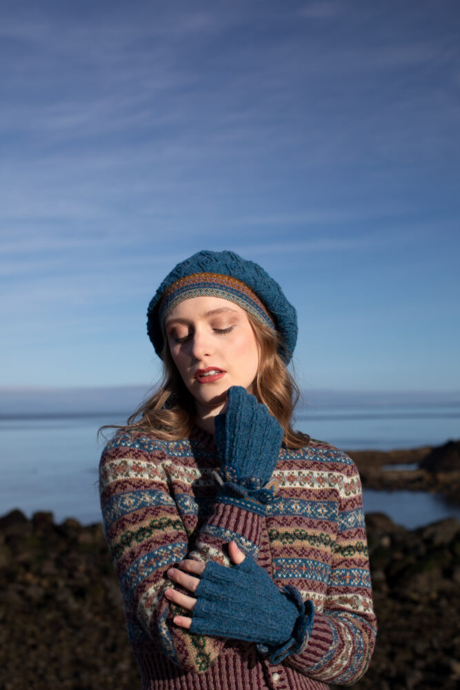 The Peigi Cardigan and Ruabhal Hat Set patterncard kit designs by Alice Starmore in Hebridean 2 Ply