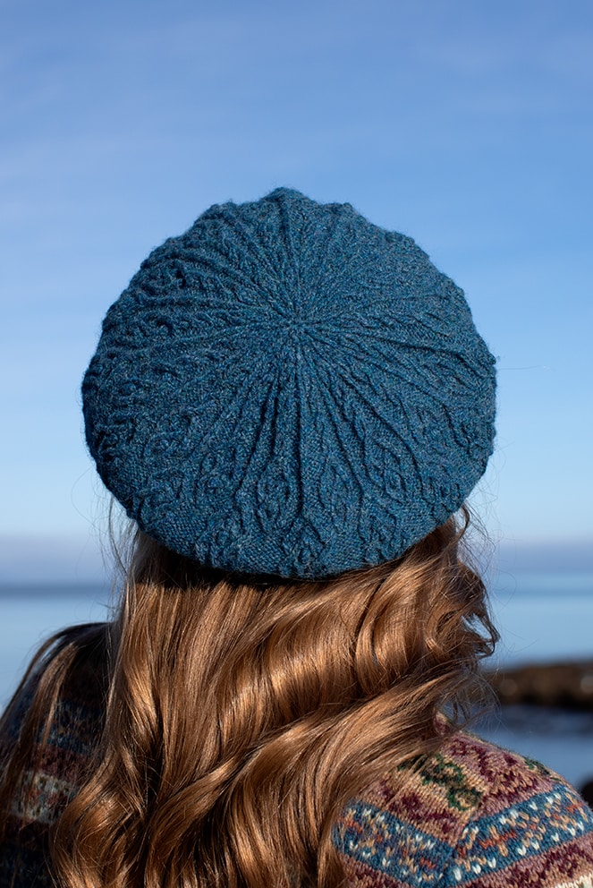 The Peigi Cardigan and Ruabhal Hat Set patterncard kit designs by Alice Starmore in Hebridean 2 Ply