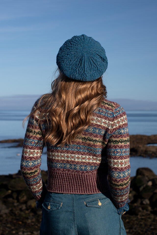 The Peigi Cardigan and Ruabhal Hat Set patterncard kit designs by Alice Starmore in Hebridean 2 Ply