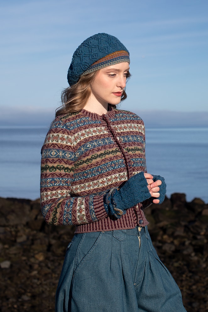 The Peigi Cardigan and Ruabhal Hat Set patterncard kit designs by Alice Starmore in Hebridean 2 Ply