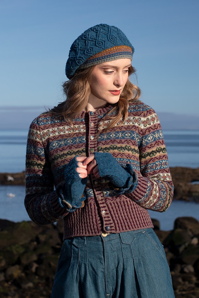 The Peigi Cardigan and Ruabhal Hat Set patterncard kit designs by Alice Starmore in Hebridean 2 Ply