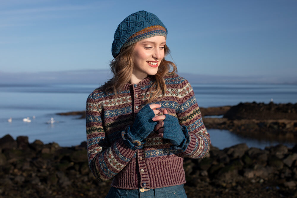 The Peigi Cardigan and Ruabhal Hat Set patterncard kit designs by Alice Starmore in Hebridean 2 Ply