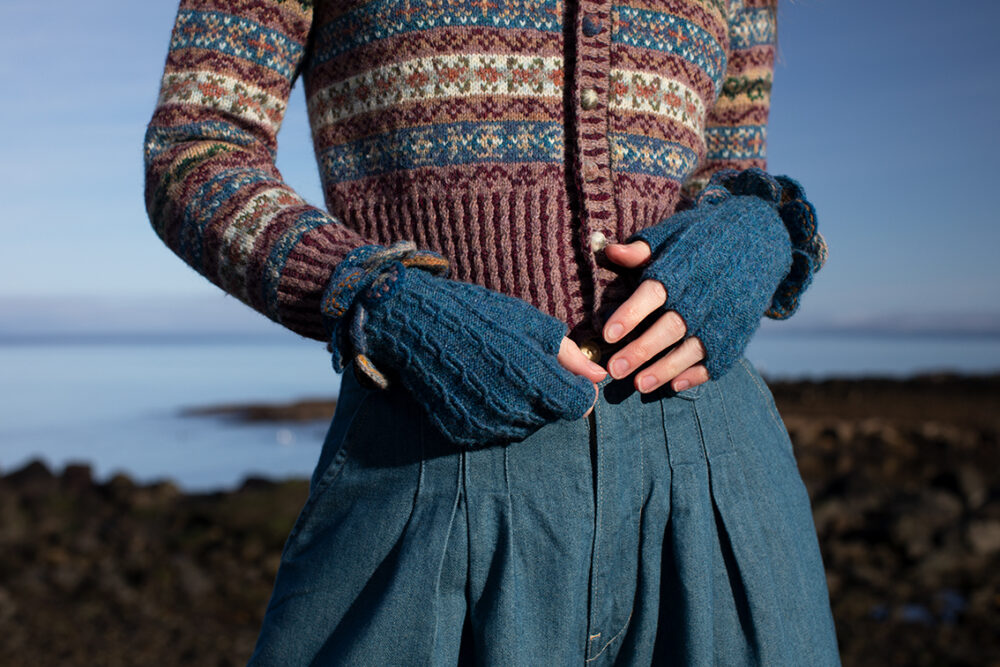 The Peigi Cardigan and Ruabhal Hat Set patterncard kit designs by Alice Starmore in Hebridean 2 Ply