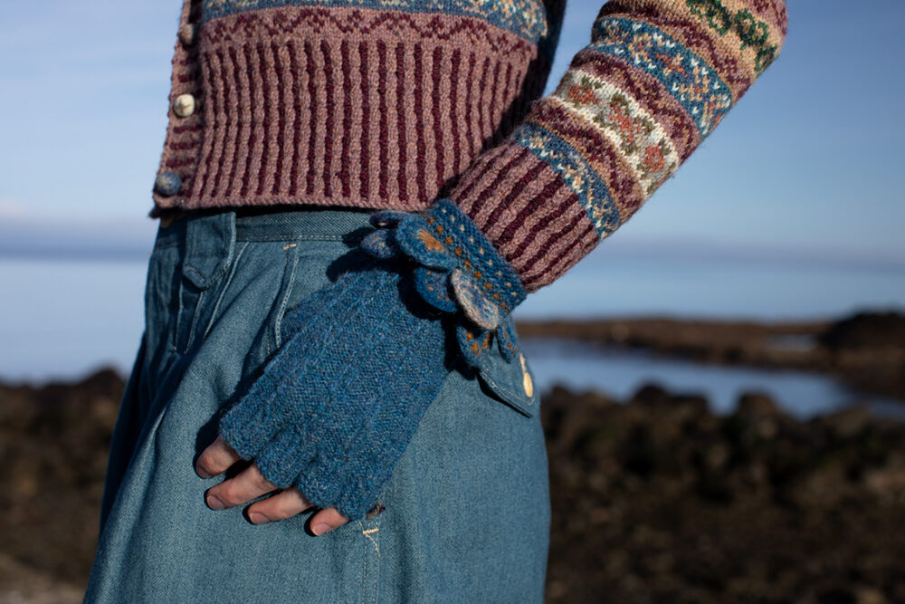 The Peigi Cardigan and Ruabhal Hat Set patterncard kit designs by Alice Starmore in Hebridean 2 Ply