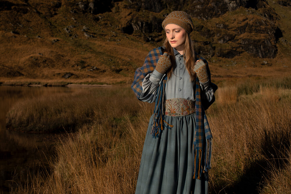 Hirta Hat Set and Oiseabhal Woven wrap patterncard kits and Belt from Creative Course 3 by Alice Starmore in Hebridean 2 Ply