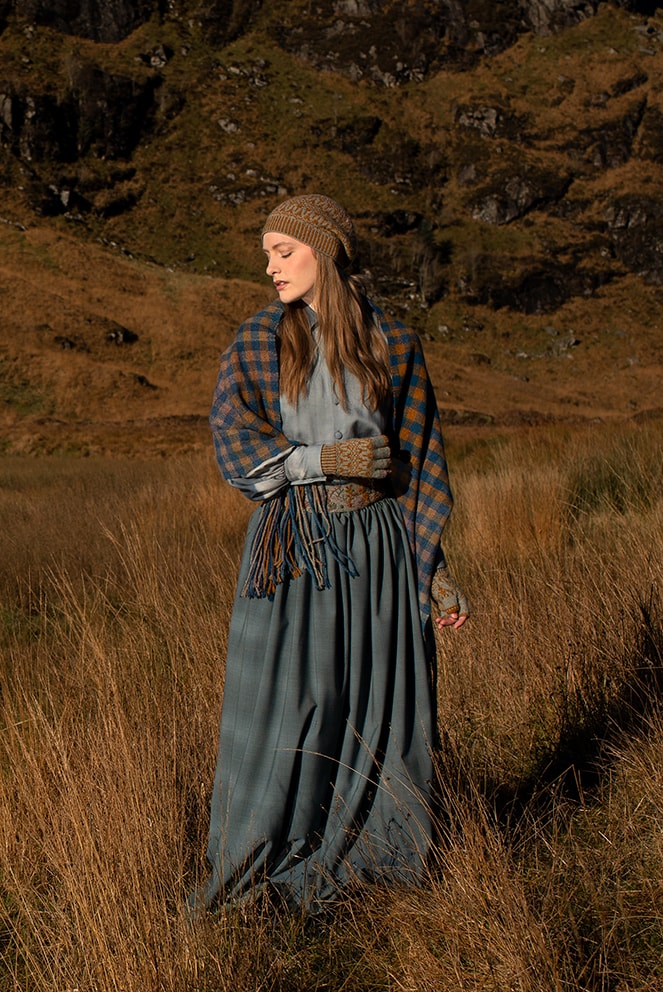 Hirta Hat Set and Oiseabhal Woven wrap patterncard kits and Belt from Creative Course 3 by Alice Starmore in Hebridean 2 Ply