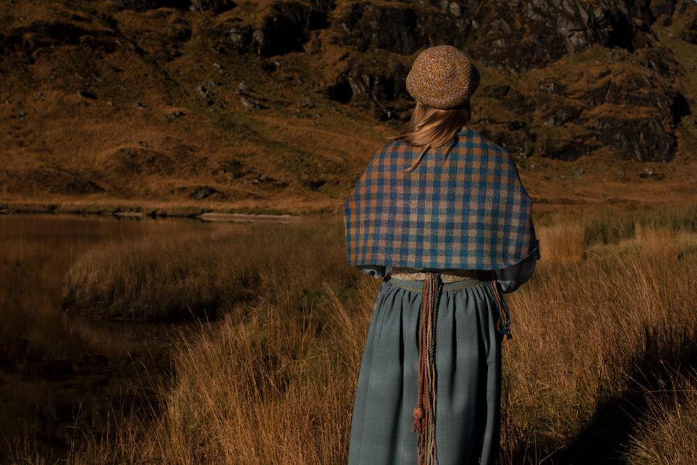 Hirta Hat Set and Oiseabhal Woven wrap patterncard kits and Belt from Creative Course 3 by Alice Starmore in Hebridean 2 Ply