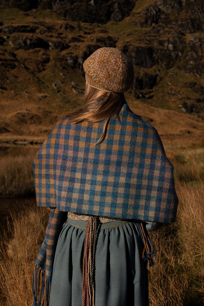 Hirta Hat Set and Oiseabhal Woven wrap patterncard kits and Belt from Creative Course 3 by Alice Starmore in Hebridean 2 Ply